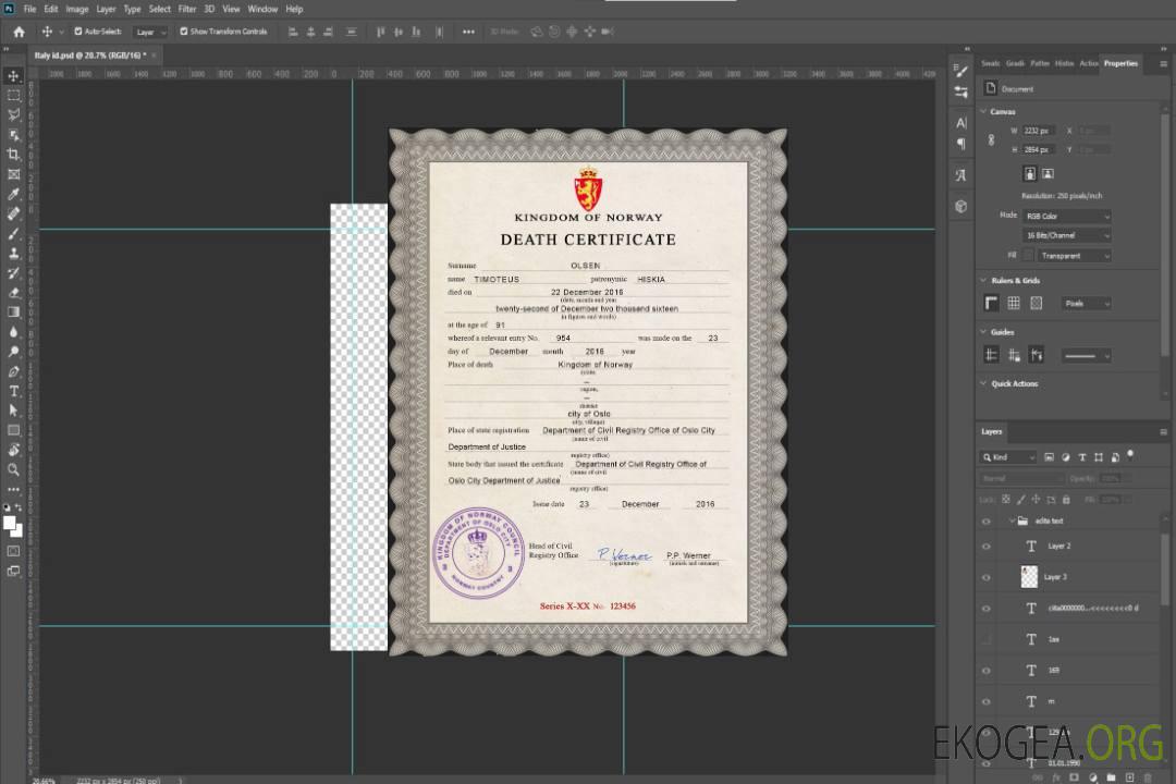 Modèle PSD de certificat de décès de l'état civil de Norvège template Modèle PSD de certificat de décès de l'état civil de Norvège template